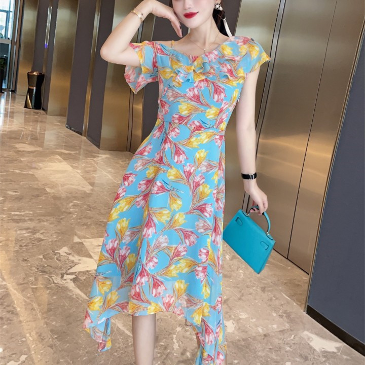 新款时尚乔琪面料印花夏季女装批发货源裙子气质高级