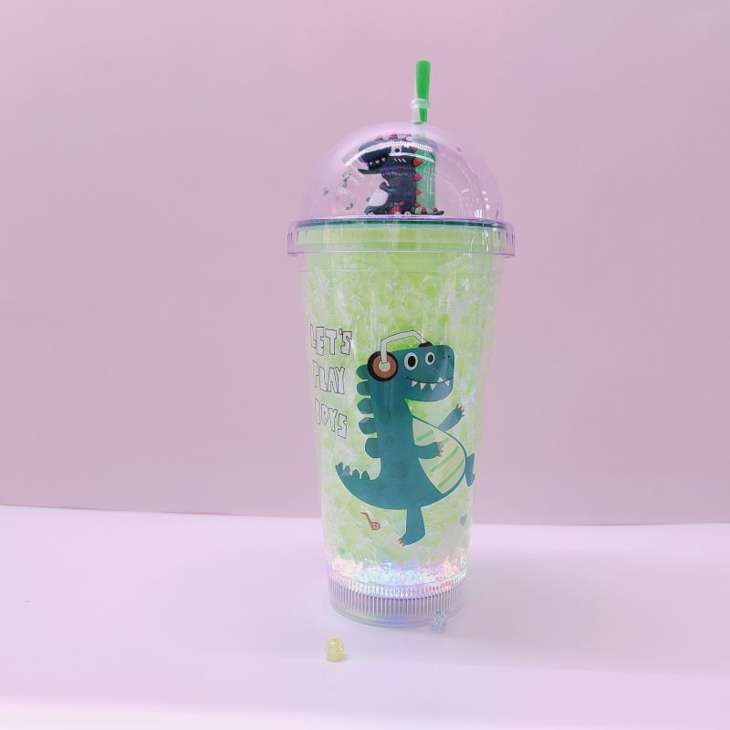 Cross-Border Factory Direct Supply Double-Layer Plastic Straw Cup Fashion Creative Solid Color Dinosaur Ice Cup