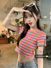 条纹短袖T恤夏女季韩版设计感小众爱心字母辣妹修身显瘦上衣 批发