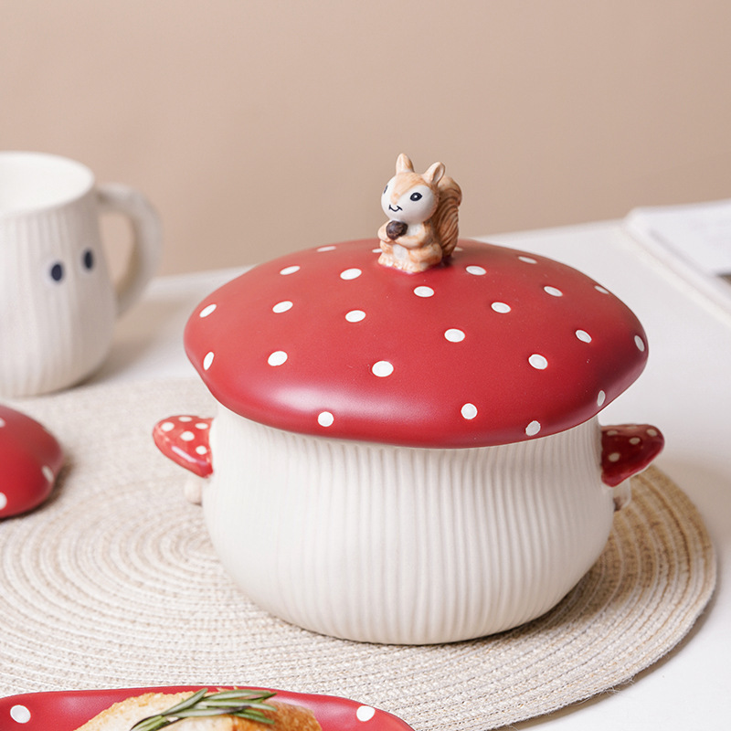 Girl's High-Looking Ceramic Red Mushroom Tableware Cup Dim Sum Plate Rice Bowl Noodle Bowl Salad Bowl Spoon Ins Style