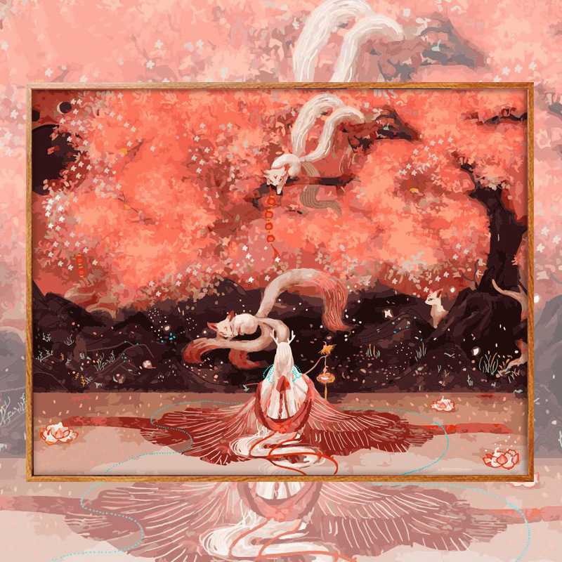 舍溪原创数字油画diy手工填色国潮古风客厅装饰画少女与君奕批发