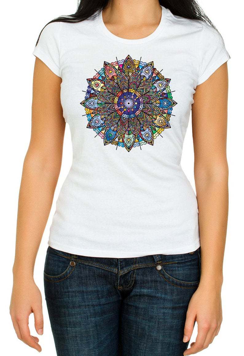 亚马逊爆款女t恤 曼陀罗花烫画印花短袖白色女士t恤