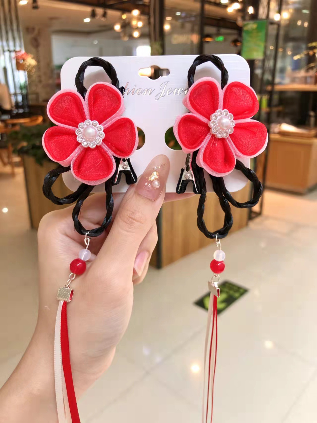 中国风流苏发夹新年红色儿童汉服小孩头饰古风发卡唐装过年头花