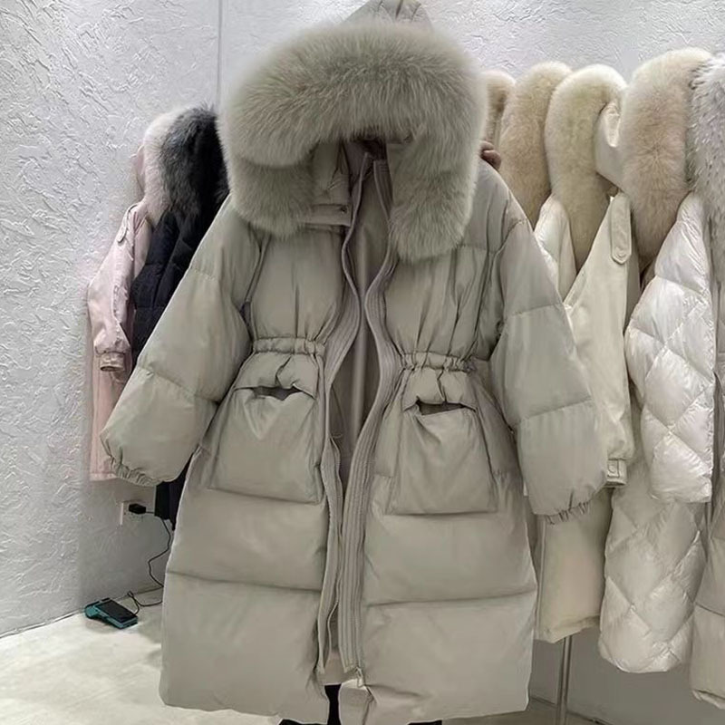 韩版狐狸毛领羽绒服一手货源2023冬季中长款加厚白鸭绒棉衣批发