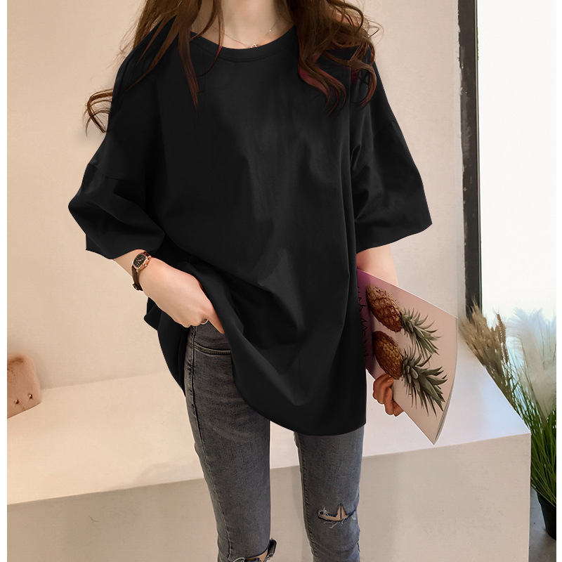 Solid Color T-shirt Women's Short Sleeve Korean Style Loose Large Size Slimming Plump Girls Mid-Length Student Half Sleeve Large Version Top Clothes Summer