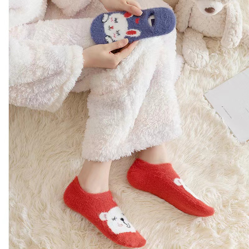 Autumn and Winter Socks Women's Cartoon Series Room Socks Plush Boat Socks Women's Lint-Free plus Velvet Thickened Winter Warm Socks