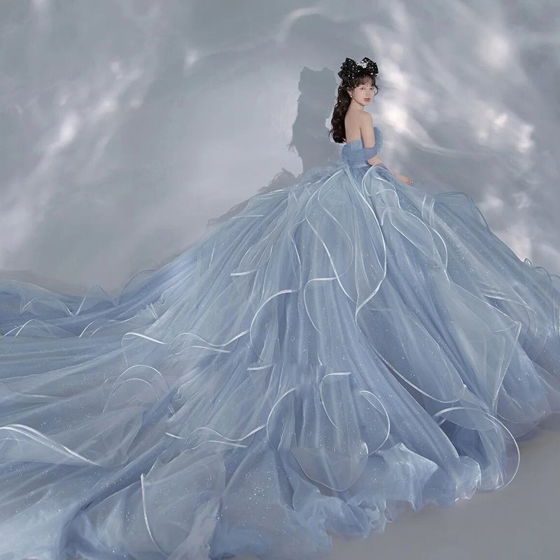 新款影楼拍照韩版主题服装在逃公主蓝色写真摄影婚纱长拖尾礼服