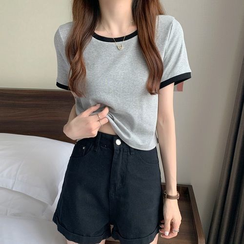 2023 Contrast Color round Neck Short-Sleeved T-shirt Women's Summer Bottoming Shirt Korean Style Slim-Fitting Short T-shirt Female Students Foreign Trade Wholesale