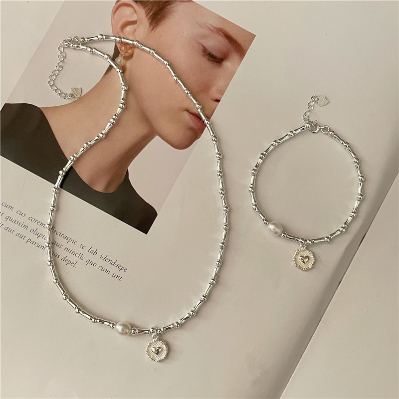 S925 Sterling Silver Korean Style Handmade Bamboo Section Heart-Shaped Pearl Bracelet and Necklace Set Korean Style Ins Style Jewelry