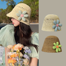 新款短檐日系遮阳帽女子夏季手工草帽防晒小花朵可爱水桶渔夫帽潮
