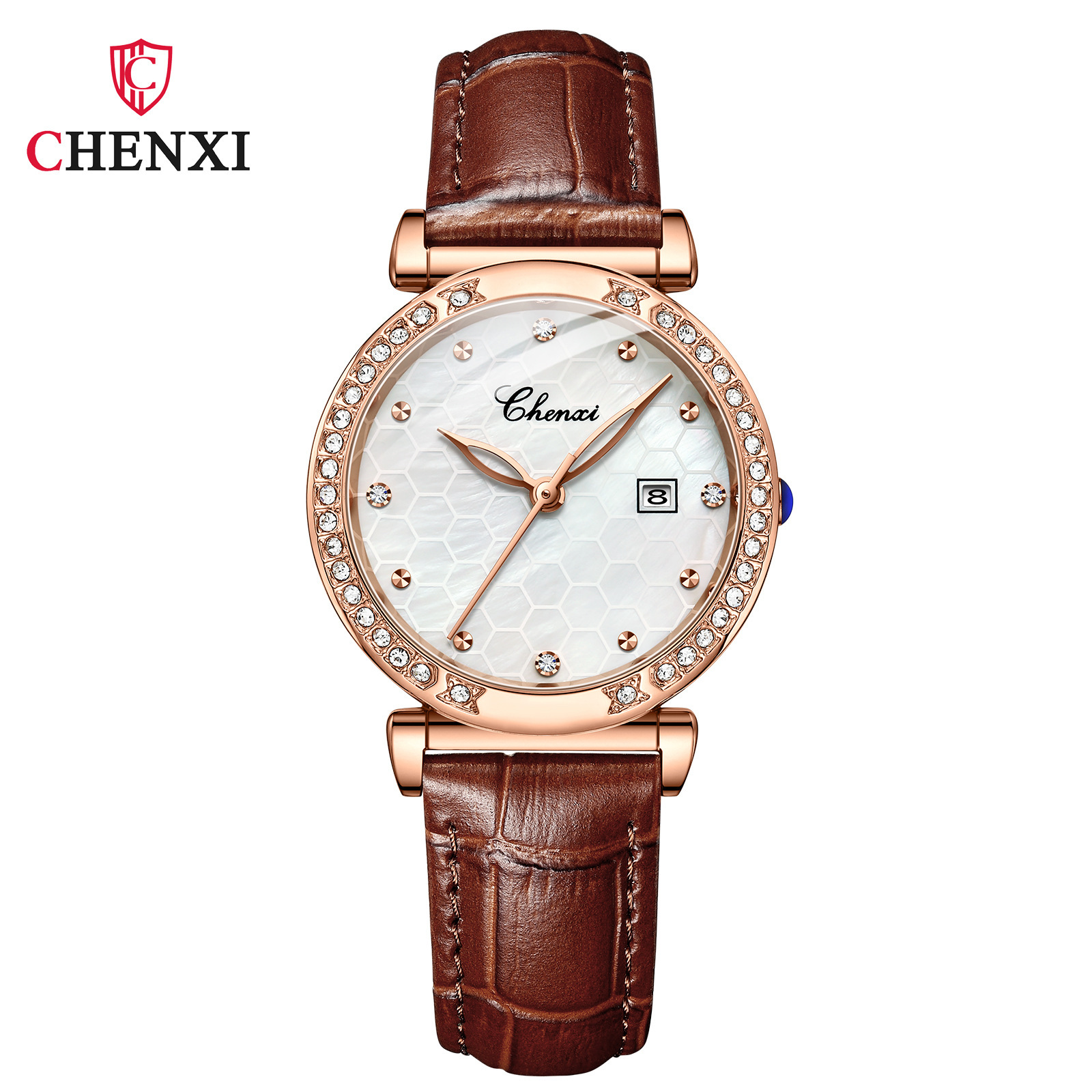 chenxi/晨曦313新款镶钻日历手表女士防水石英表贝母网纹表盘手表