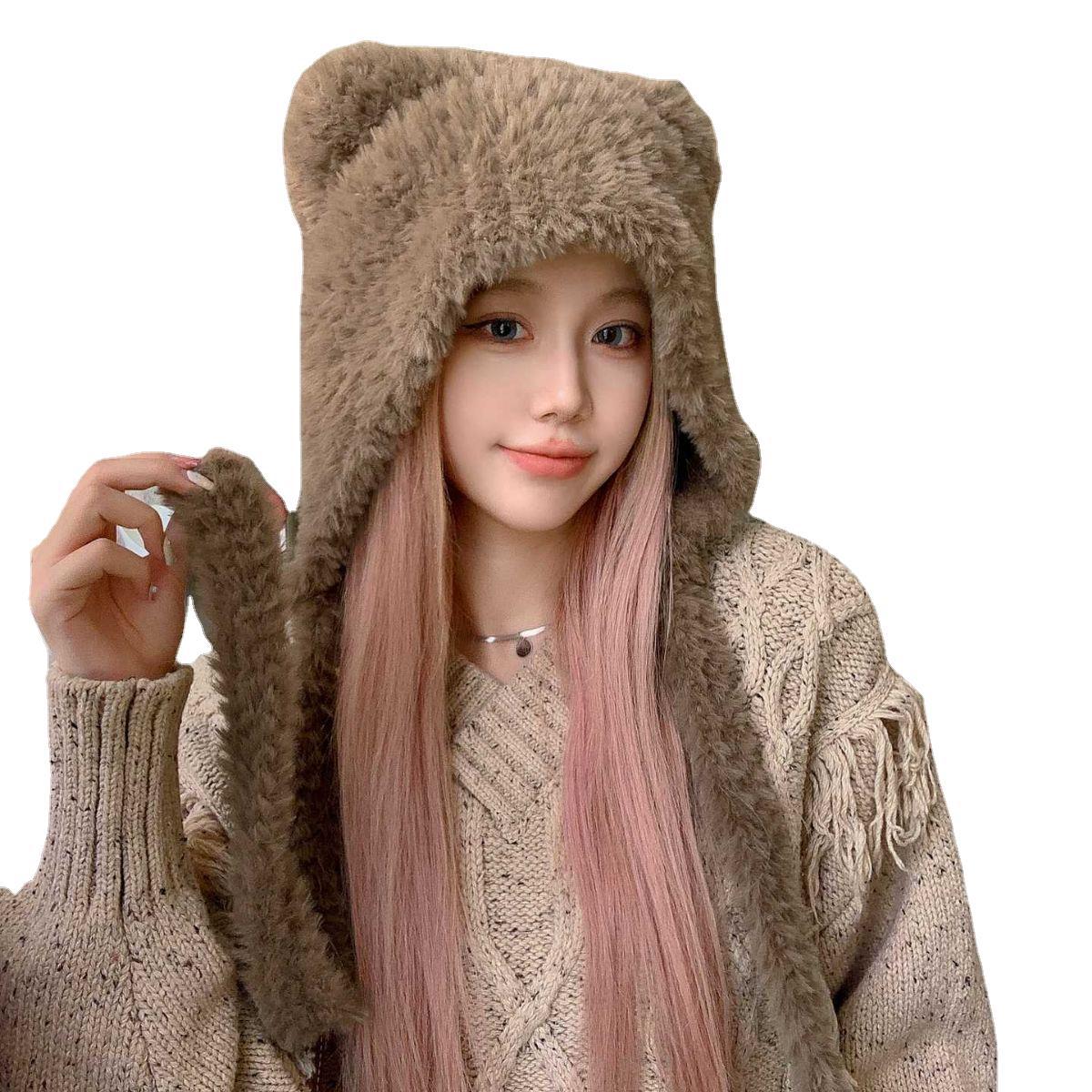 Bear Ears Woolen Knitted Hat Children's Winter Face Slimming Plush Cute Earflaps Warm Big Head Circumference Strap Beanie Hat