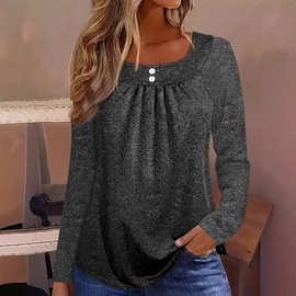 亚马逊爆款秋季新款跨境欧美女装独立站休闲方领纯色褶皱T恤长袖