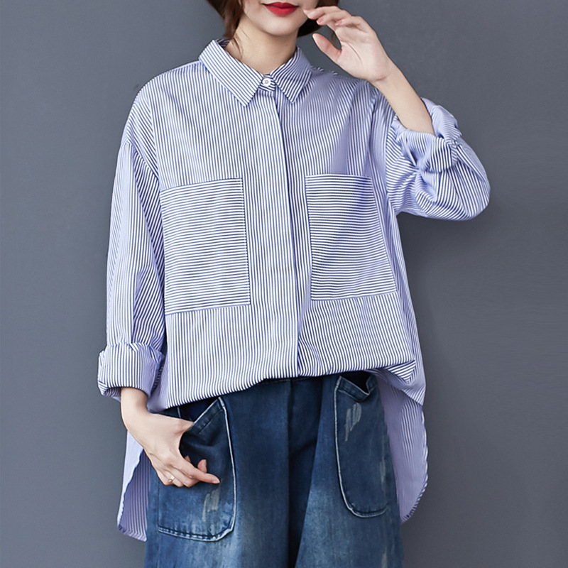 春秋季新款韩版时尚休闲中长款条纹衬衫女显瘦翻领长袖衬衣-阿里巴巴