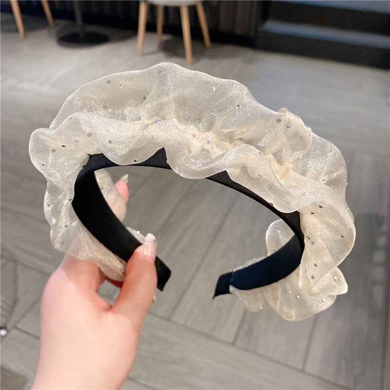 Fairy Temperamental Simple Wooden Ear Pleated Super Wide Organza Headband Ruffled Mesh Hair Fixer Wide Edge Female Headband