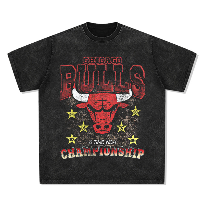 公牛bulls印花水洗做旧短袖男t恤重磅纯棉小领口宽松