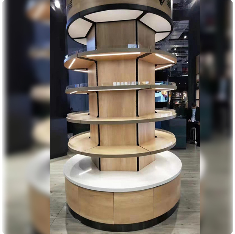 圆柱包柱弧形书架超市大卖场木质烤漆食品饮料展柜零食陈列架货架