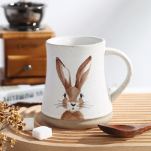 粗陶马克杯 收腰大容量复活节兔子动物图案卡通杯子高礼物陶瓷杯