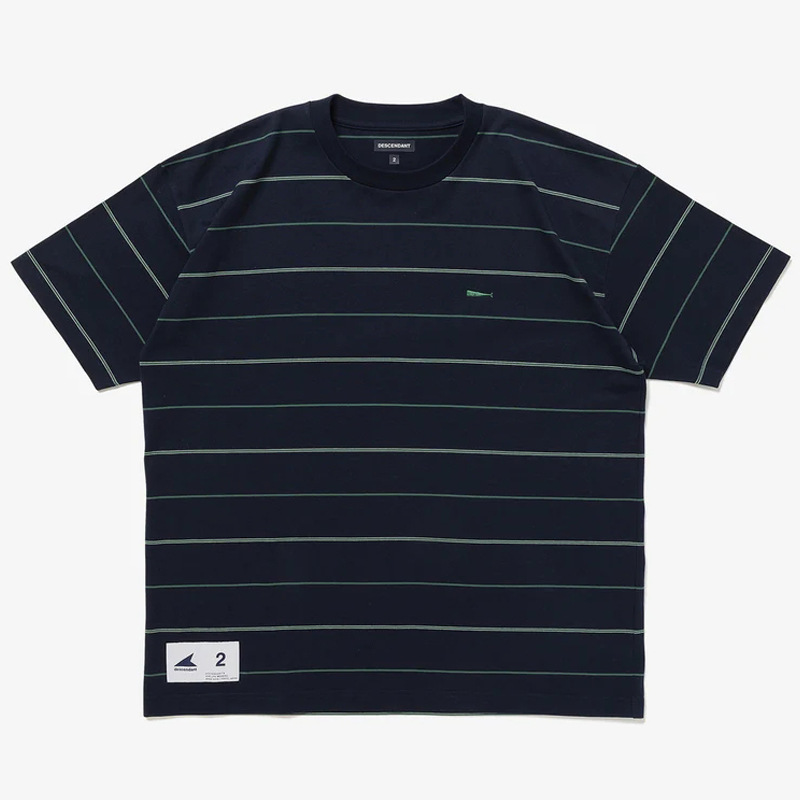 23ss日系descendant细条纹短袖t恤男圆领鲸鱼刺绣宽松休闲半袖潮