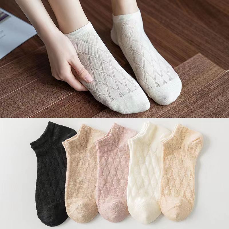 春季新款薄菱形网眼船袜纯色女式船袜夏款学生小白棉质袜子短筒袜