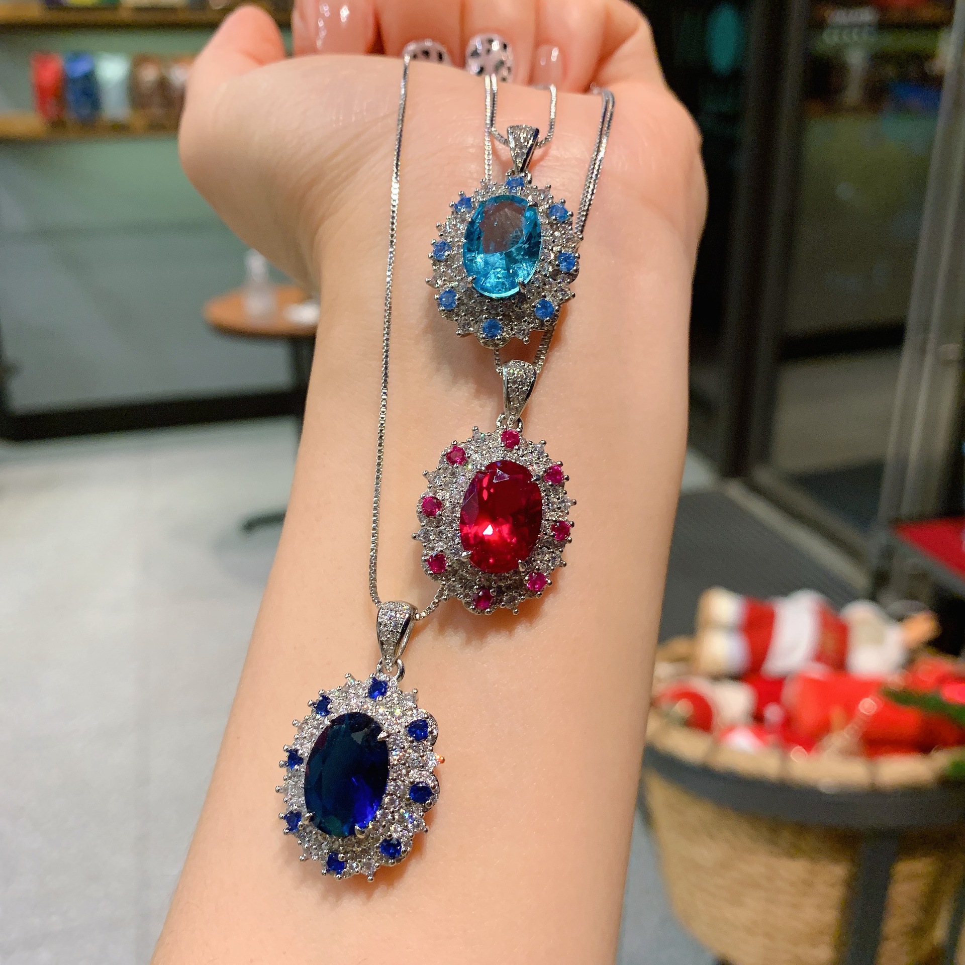 s925通体银抖音热卖仿真彩宝款糖塔镶钻吊坠项链套装主石12*12