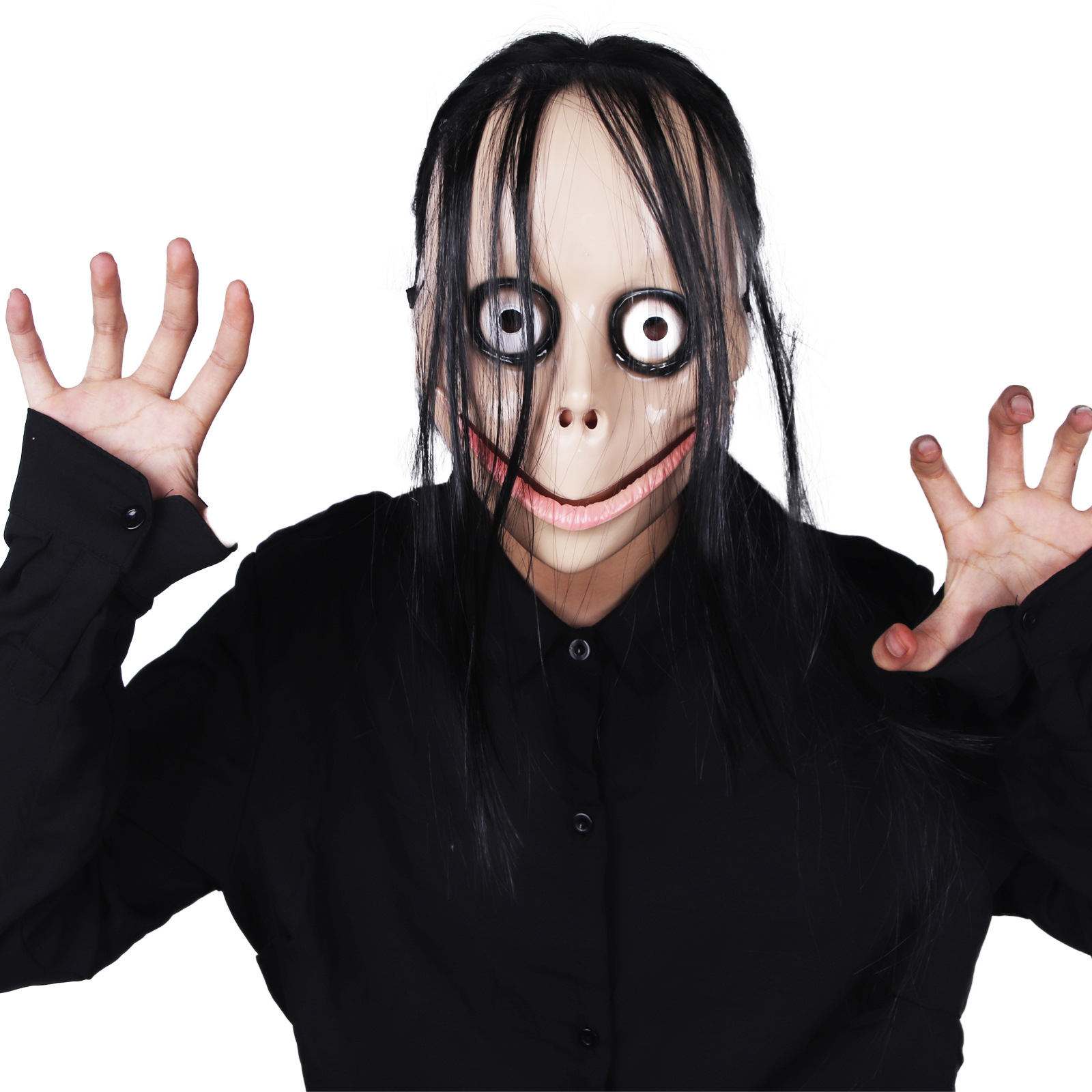 万圣节爆款momo面具 搞怪乳胶全脸长发头套scary恐怖吓人道具批发