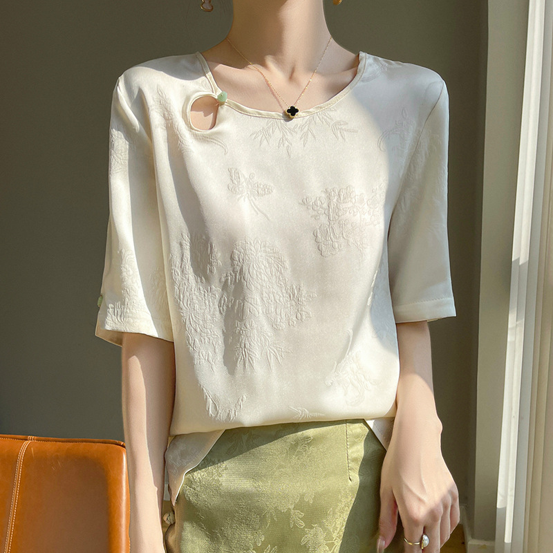 复古国风重磅f真丝短袖上衣女夏季浮雕提花桑蚕丝圆领小衫半袖t恤