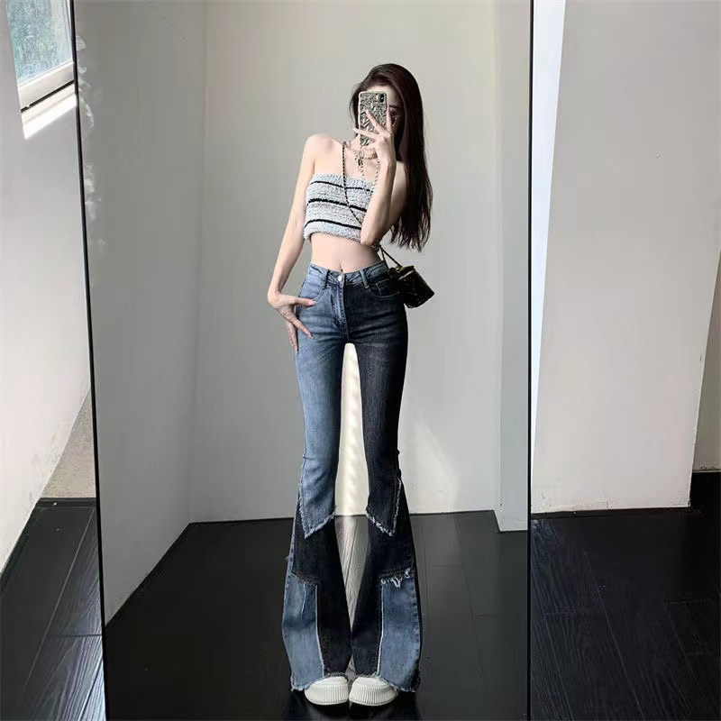   High Waist Stretch Flared Pants Jeans Women's New Patchwork Color TikTok Same Style Micro Pull Slim-Fit Figure Flattering Pants