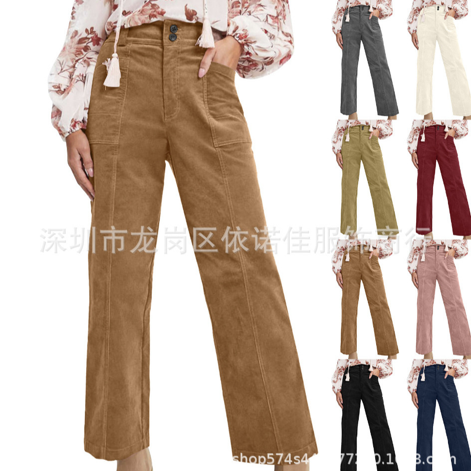 2025女士休闲直筒弹力腰部灯芯绒带口袋长裤 现货