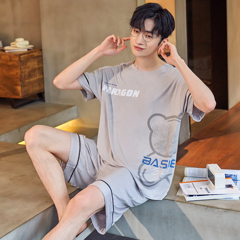 Pajamas Men's Summer Cotton Short Sleeve Shorts Suit Teenagers Korean Cartoon Student Homewear Summer Can Be Worn outside