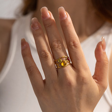 欧美新款轻奢复古宫廷风彩色镶嵌开口戒指集合网格设计钛钢手饰