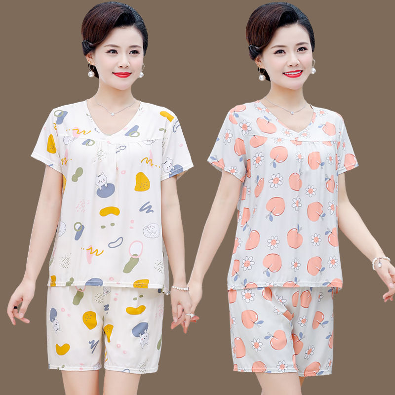 棉绸睡衣女夏季薄款短袖短裤两件套中老年妈妈装人造棉家居服套装