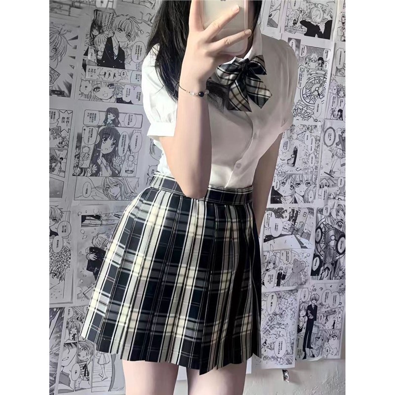 黑板报jk制服狗短格裙衬衫套装夏季收腰绑带衬衫半身裙两件套女