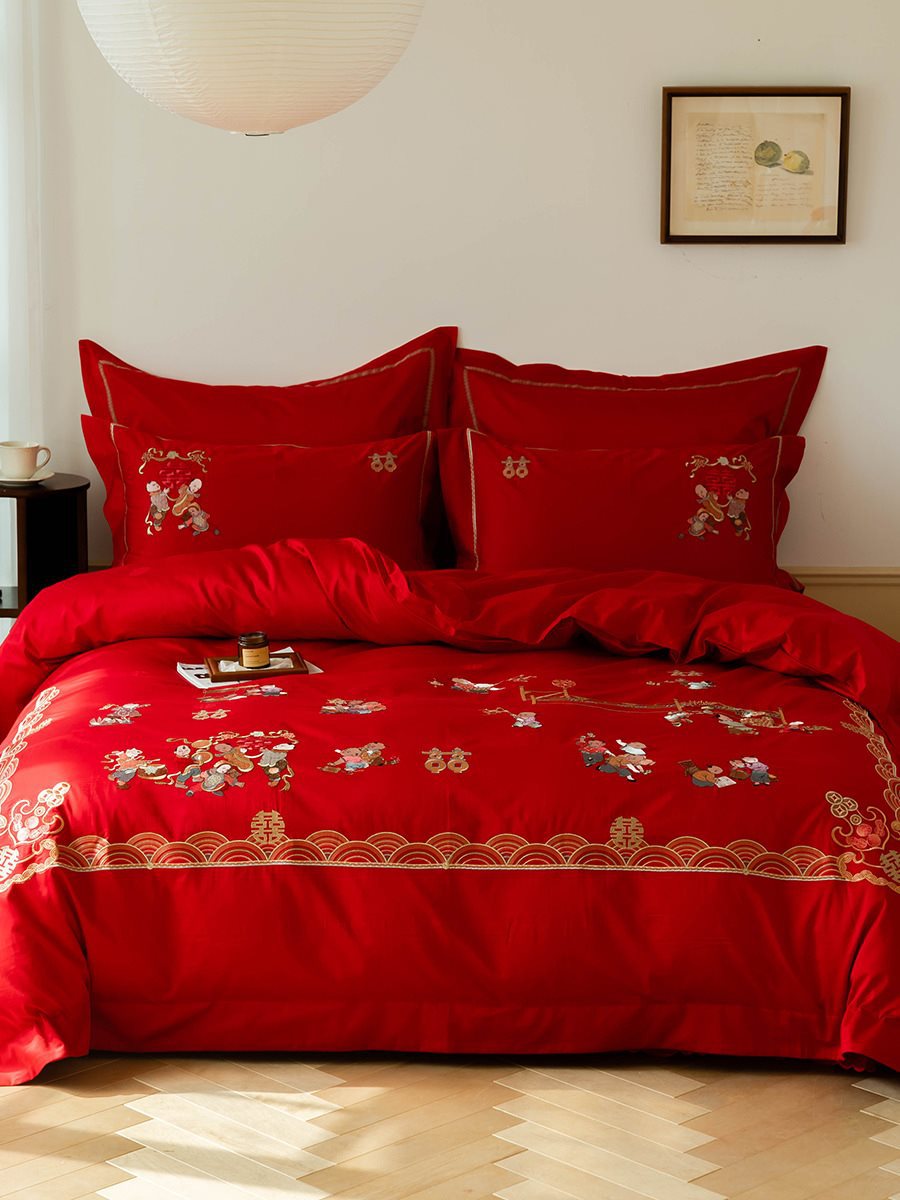100支大红色婚庆绣花四六件套棉棉结婚婚礼床上-阿里巴巴