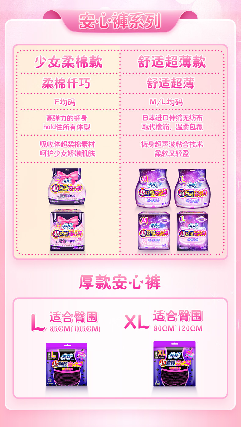 sofy/苏菲裤型卫生巾超熟睡量多夜用少女款安心裤女m码姨妈巾2片