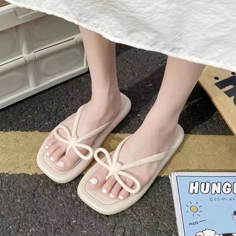 Bowknot Flip-Flops Women's Outer Wear Ins Korean Style Square Head Seaside Home Non-Slip Flip-Flops Beach Slippers Summer