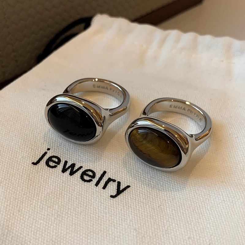 special-interest design light luxury high-grade ring natural tiger eye gem black agate maillard fast luck index finger ring for women