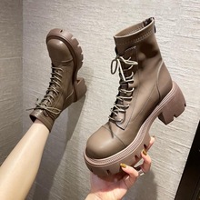 粗跟短靴女2021年冬季新款韩国时尚大头马丁靴加绒棉鞋灰色短筒靴