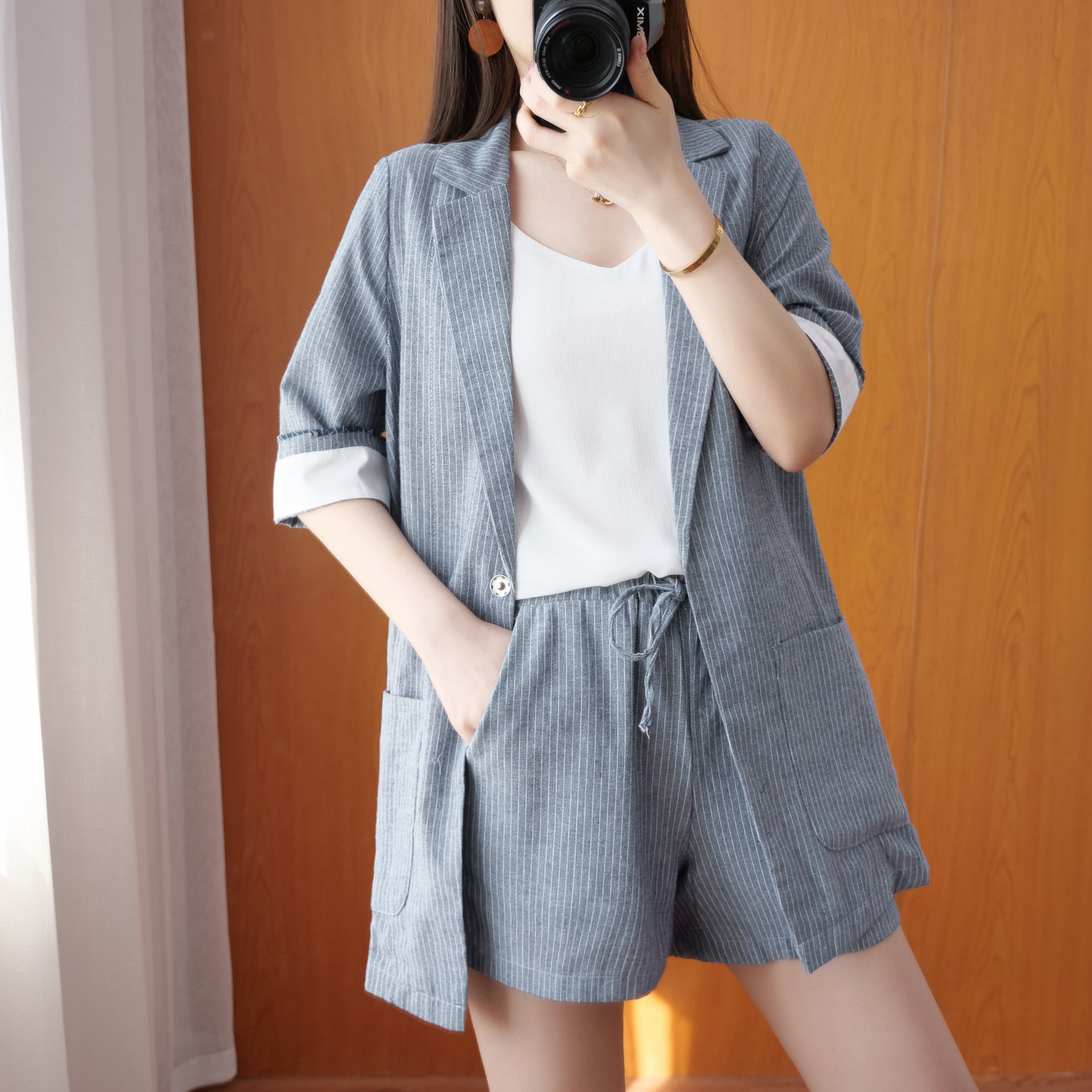 棉麻条纹西装套装女2022年夏季韩版时尚中长款西服短裤气质两件套