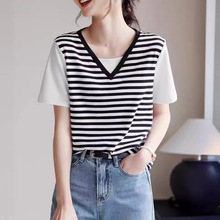 假两件黑白条纹短袖t恤女2024新款设计感小众韩系减龄上衣夏装潮