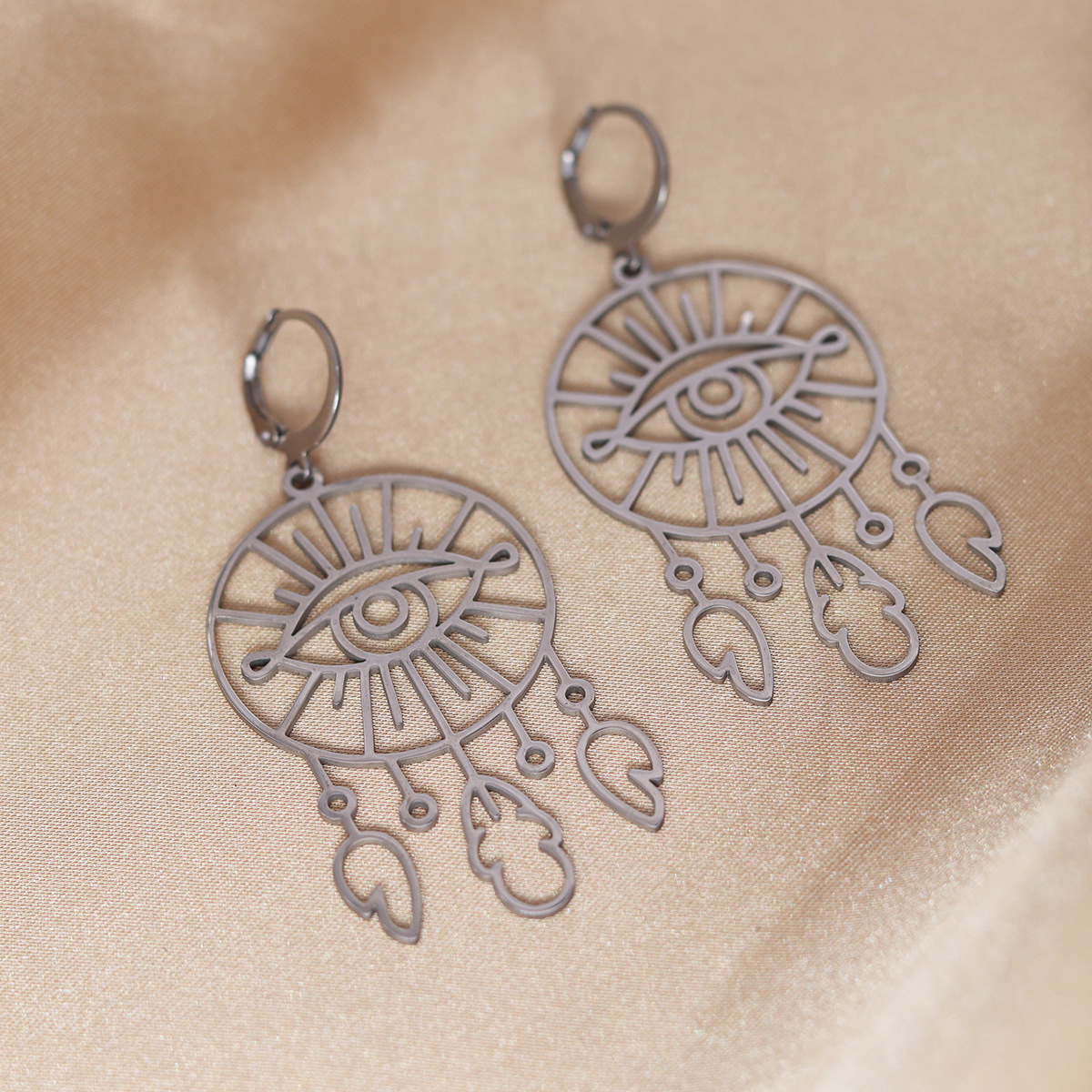 复古圆邪恶的眼睛拥抱耳环民族波西米亚流苏羽毛长捕梦网耳环珠宝