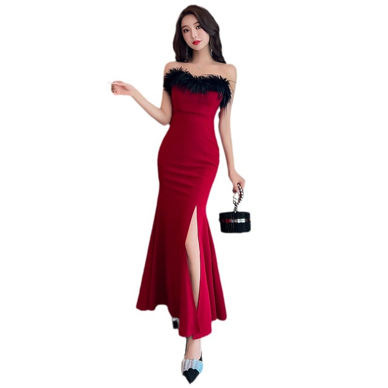 French Style High Sense Ladies' Evening Dress Women's Autumn and Winter 2023 New Hepburn Style Elegant Slim off-Shoulder Dress