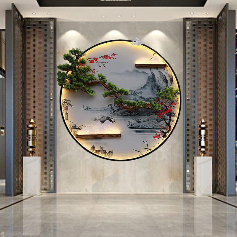 新中式客厅装饰画壁挂沙发玄关会所背景墙迎客松挂件创意壁饰带灯
