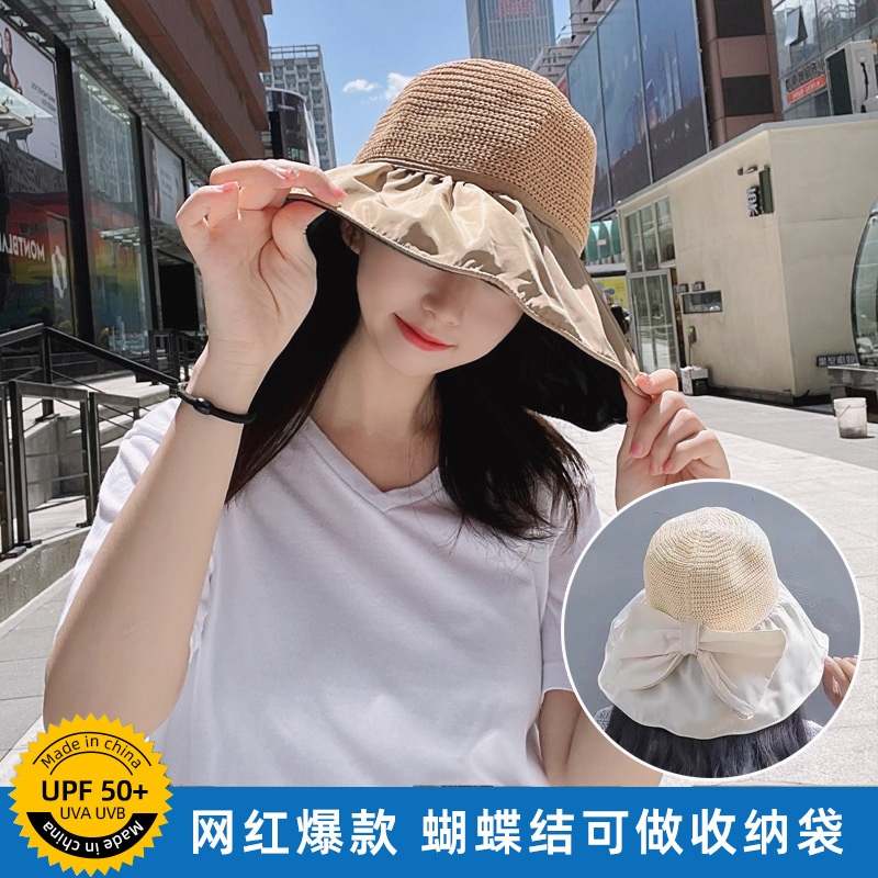 2023 Summer Vinyl Sun Protective Sun Hat Female Hollow out Breathable Bow Face Cover Ultraviolet-Proof Bucket Hat All-Matching