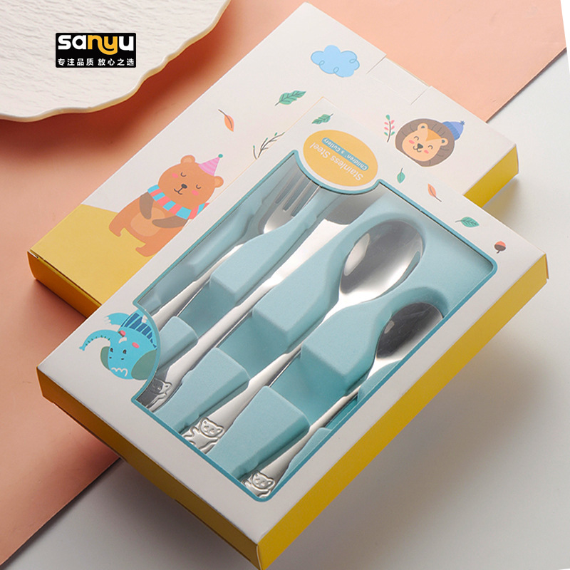 小熊儿童餐具304不锈钢刀叉勺四件套礼盒套装幼儿园儿童餐具勺叉