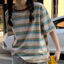 复古条纹圆领短袖t恤新款2024年女装夏季韩版宽松显瘦学生上衣潮