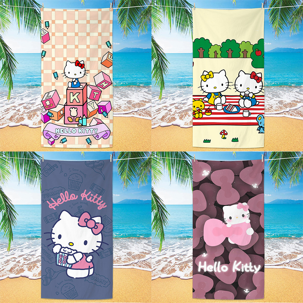 跨境kitty猫超细纤维吸水浴巾数码印花加厚沙滩巾卡通洗澡大毛巾