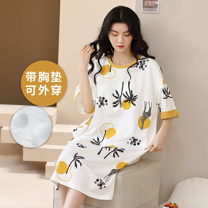 Yanzhixiang Summer New Ladies Belt Chest Pad Nightdress Knitted Cotton Short Sleeve round Neck Mid-Length Women's Home Dress