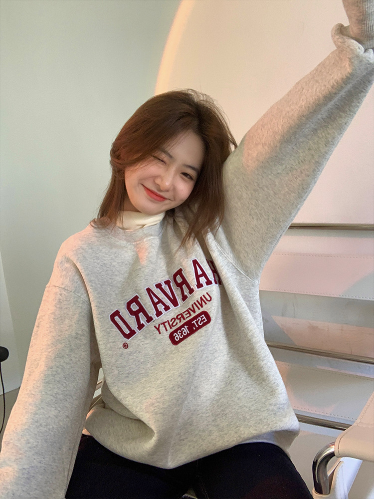 灰色无帽圆领加绒卫衣女宽松中长款秋冬韩版加厚bf慵懒风长袖上衣