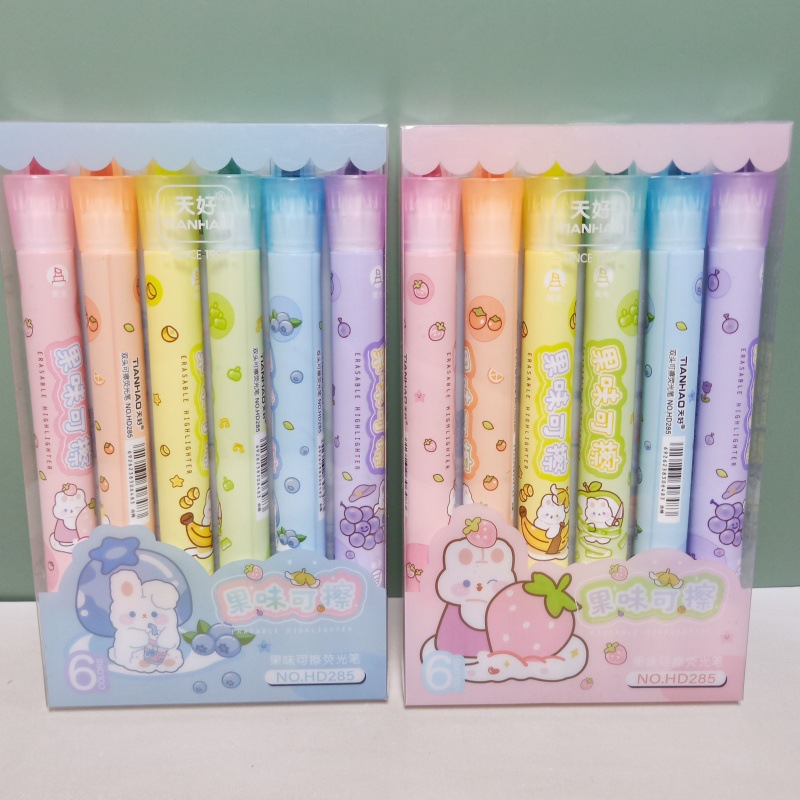 外贸萌宠草莓兔子6色荧光笔diy水果香味可擦手帐笔学生划线笔标记